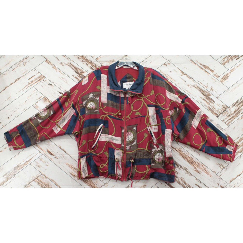 Vintage Andy Johns Windbreaker Womens Large Silk Red Jacket Clocks Tassels Rope